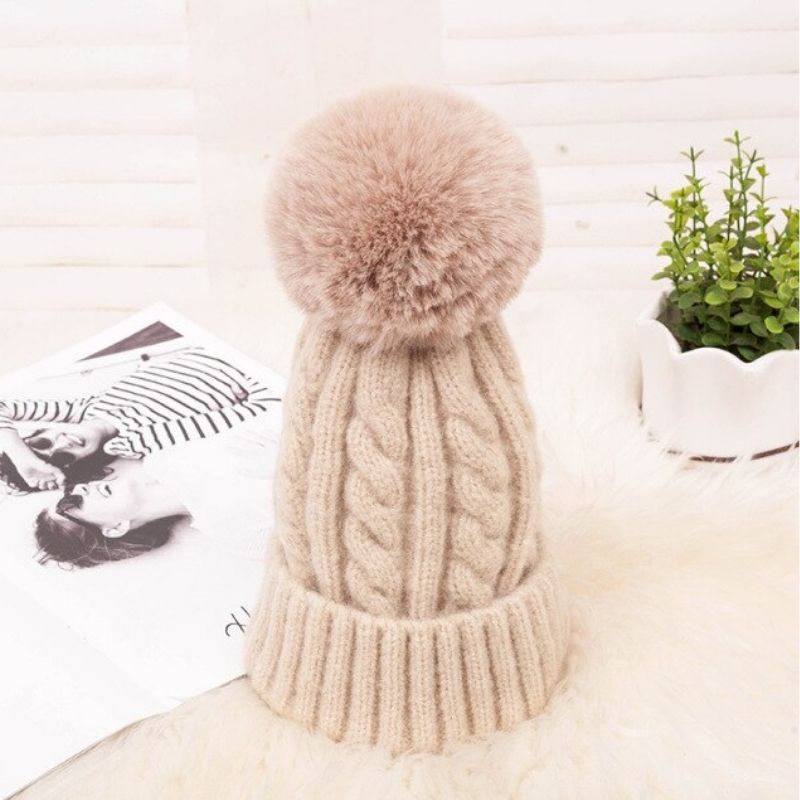 Women's Braided Beanie with Removable Pom-Pom - back view