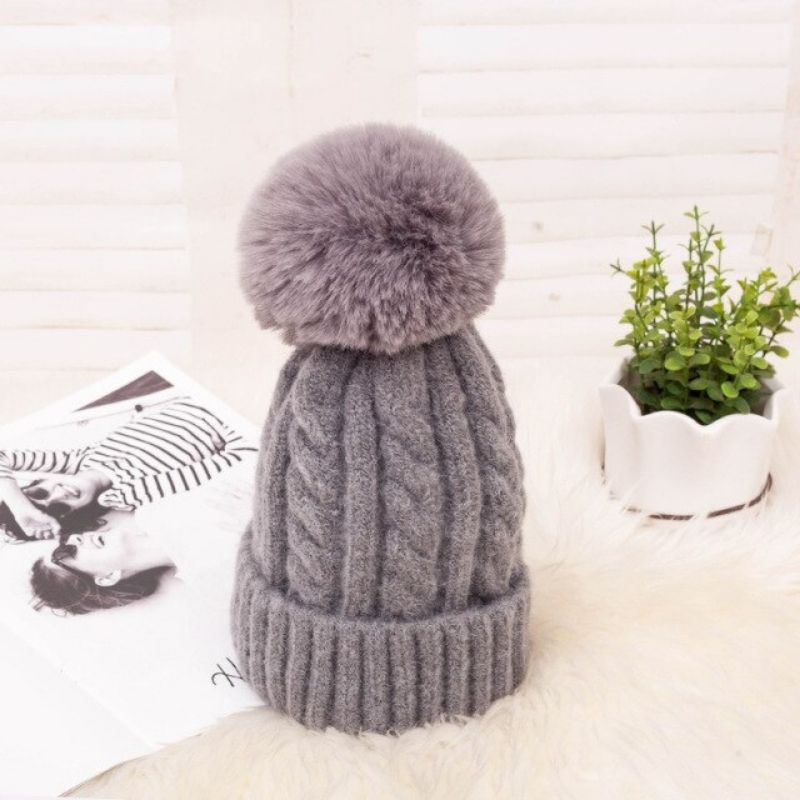 Women's Braided Beanie with Removable Pom-Pom - detail view