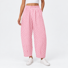 Women's Gingham Check Barrel-Leg Lounge Pants - model wearing