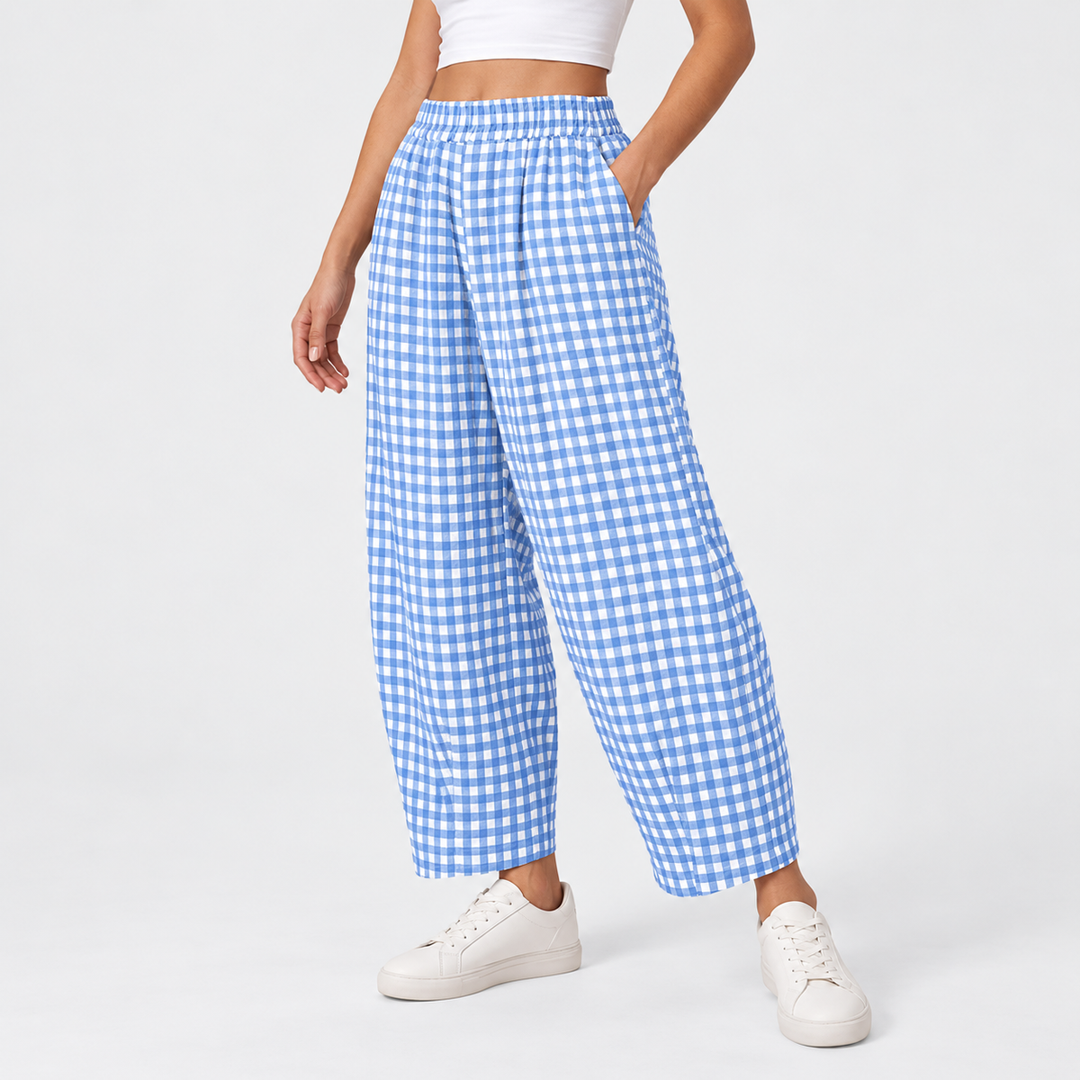 Women's Gingham Check Barrel-Leg Lounge Pants - fabric detail