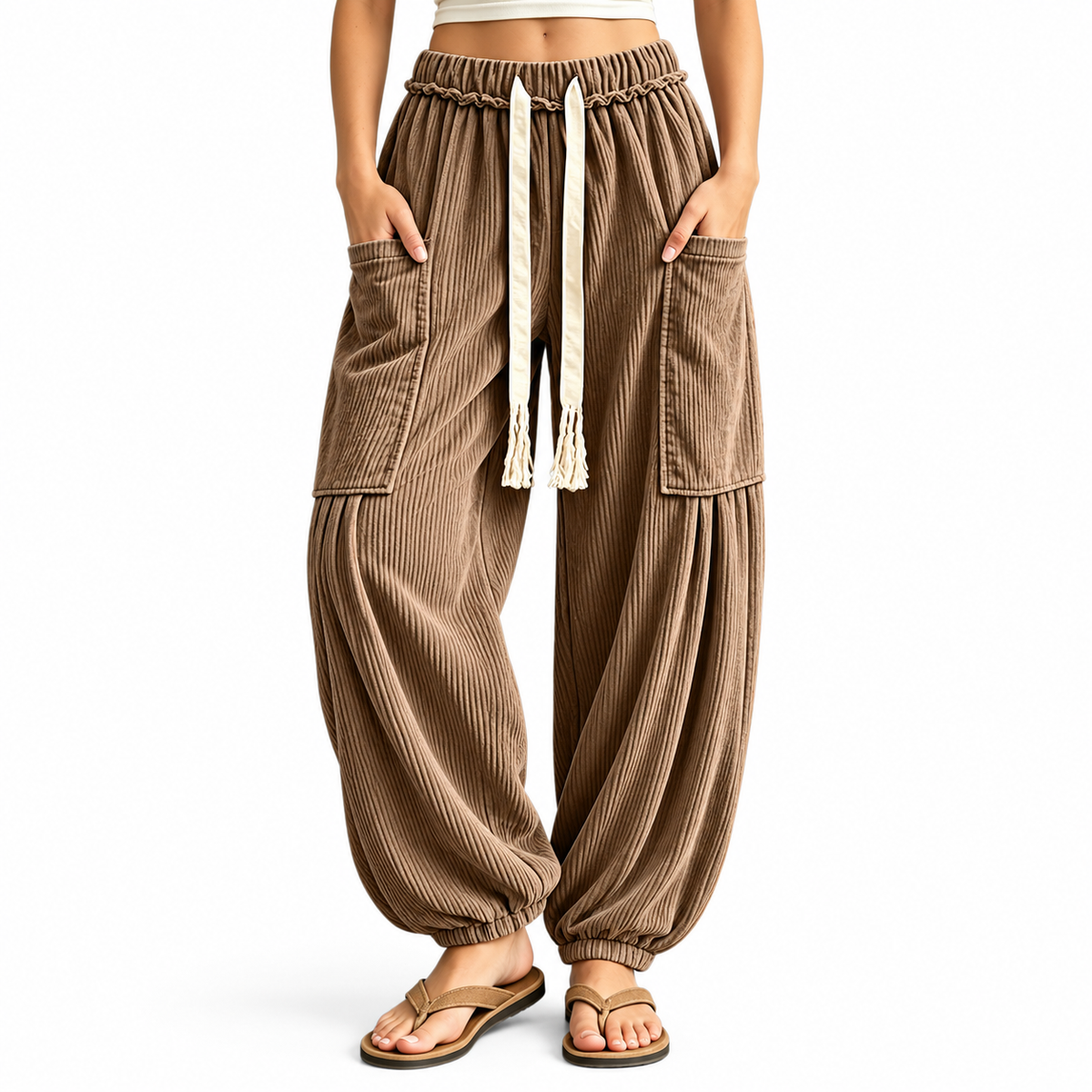 Women's Ribbed Wide-Leg Cargo Lounge Pants - model wearing