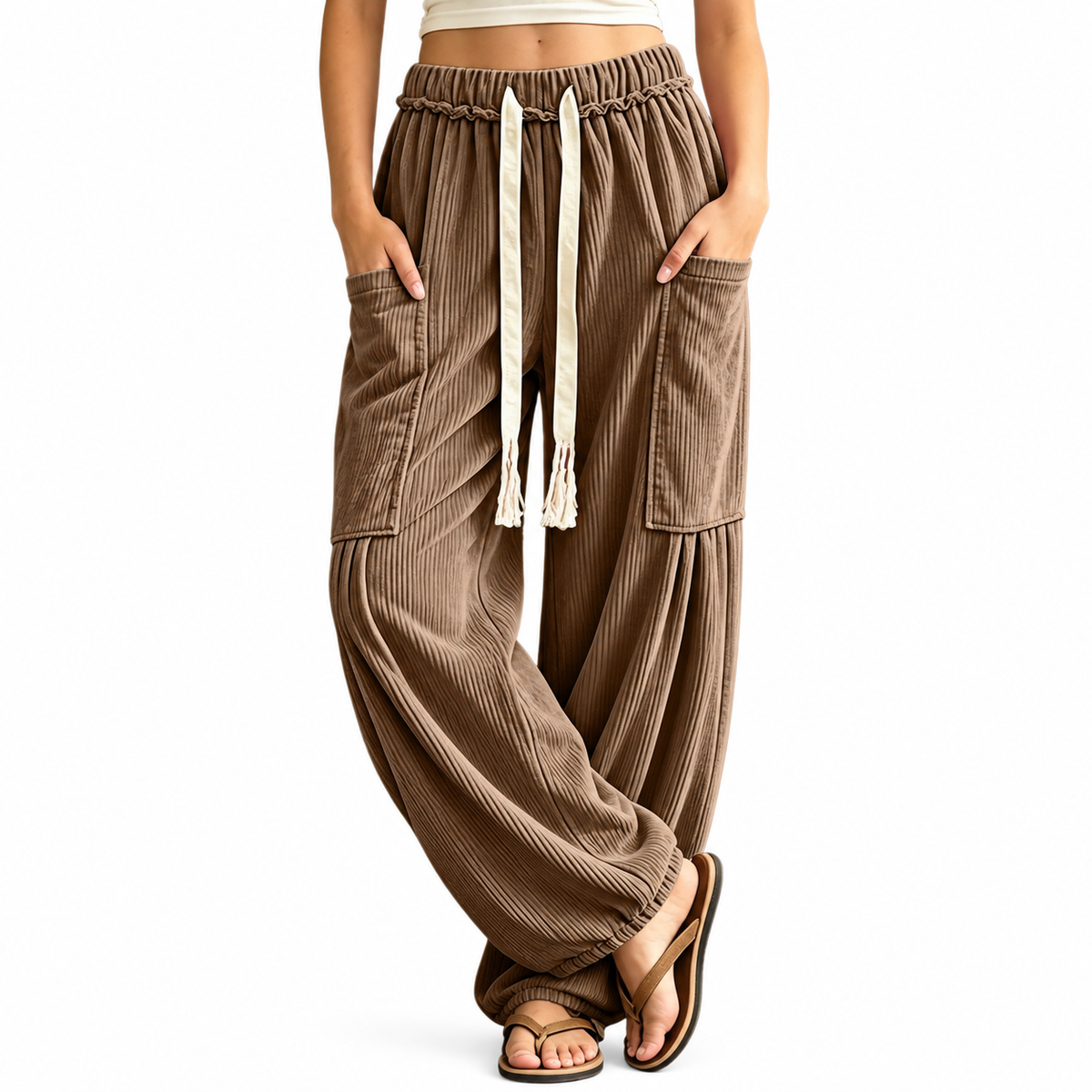 Women's Ribbed Wide-Leg Cargo Lounge Pants - front view