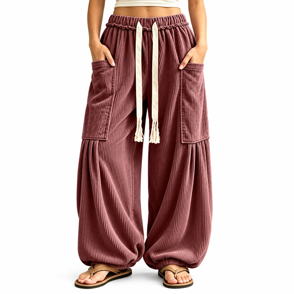 Women's Ribbed Wide-Leg Cargo Lounge Pants - model wearing