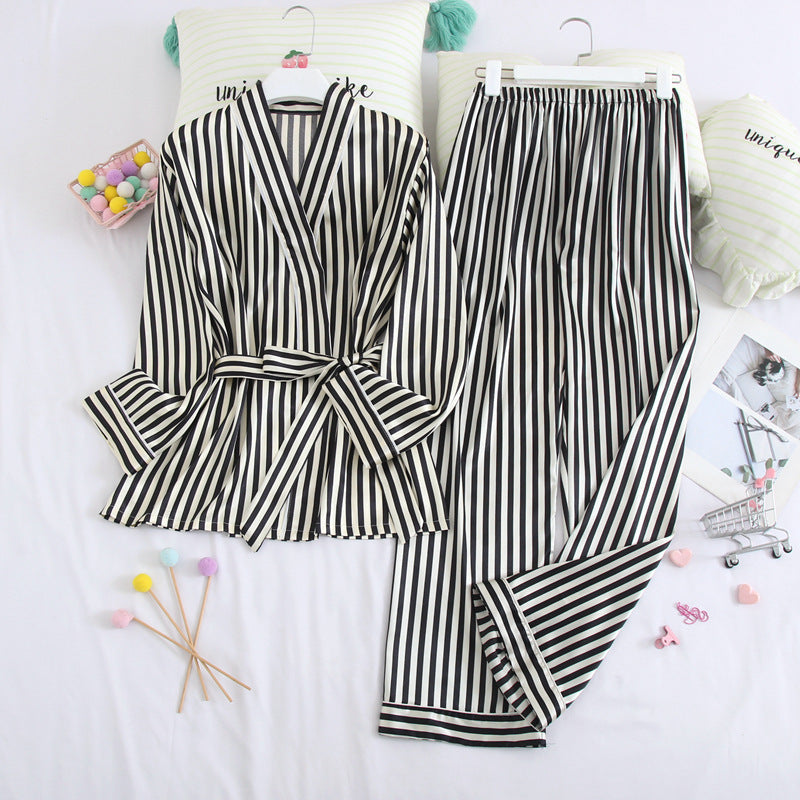 Women's Striped Silk Long-Sleeve Trouser Set - model wearing