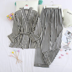 Women's Striped Silk Long-Sleeve Trouser Set - model wearing