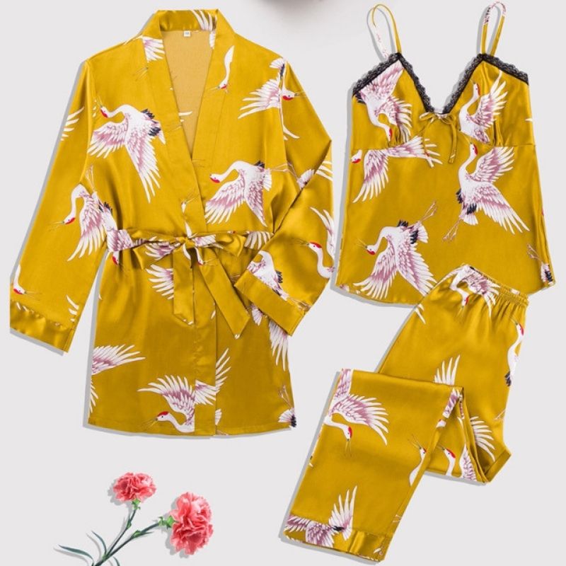 Women's Yellow Flamingo 3-Piece Silk Pajama Set - front view