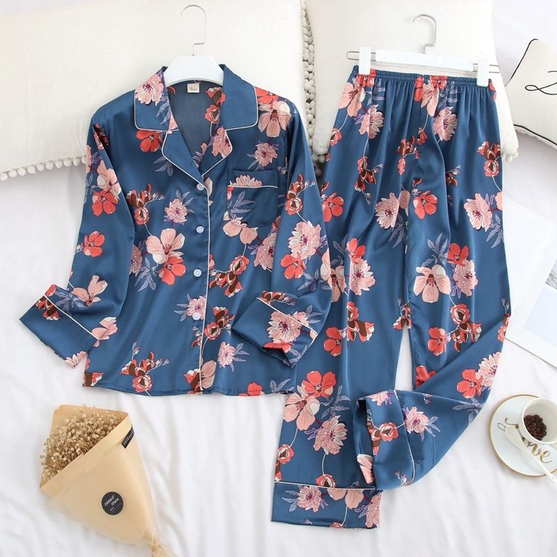 Blue pink Flowers Silk Pyjamas Set