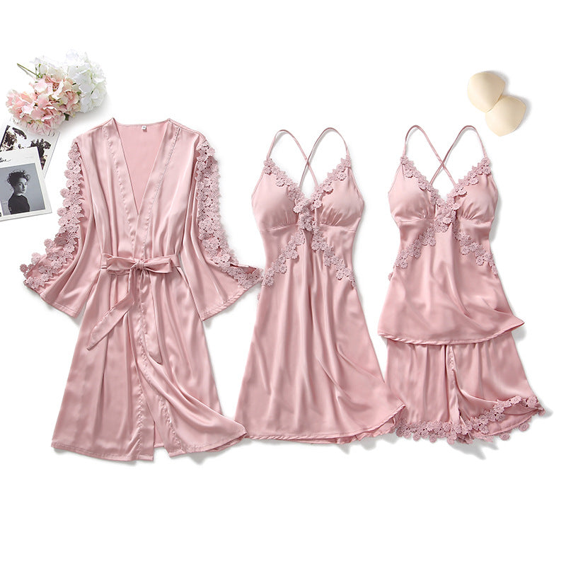 4 Piece Pink Silk Nightgown With Cover Up & Short Set