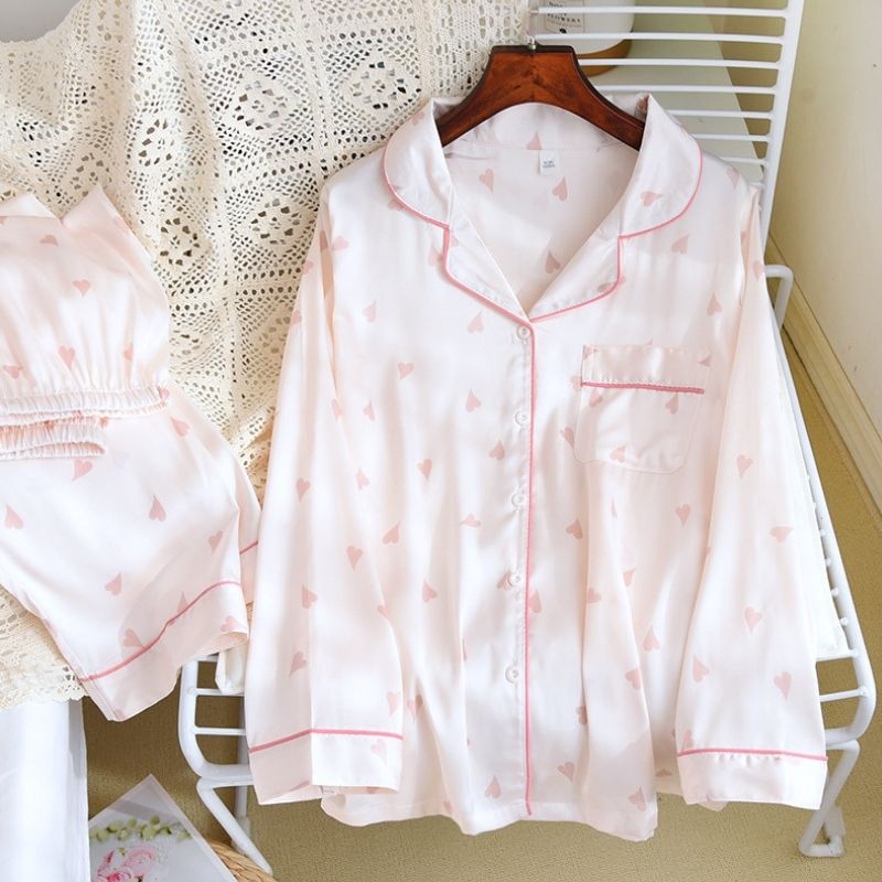 Heart Print Full Sleeve Silk Pyjamas Set