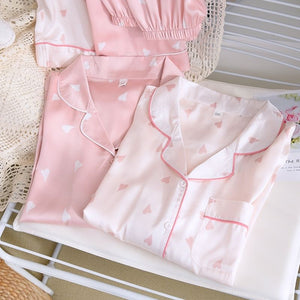 Heart Print Full Sleeve Silk Pyjamas Set