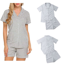 Load image into Gallery viewer, Women Stripe Grey Pyjamas Set
